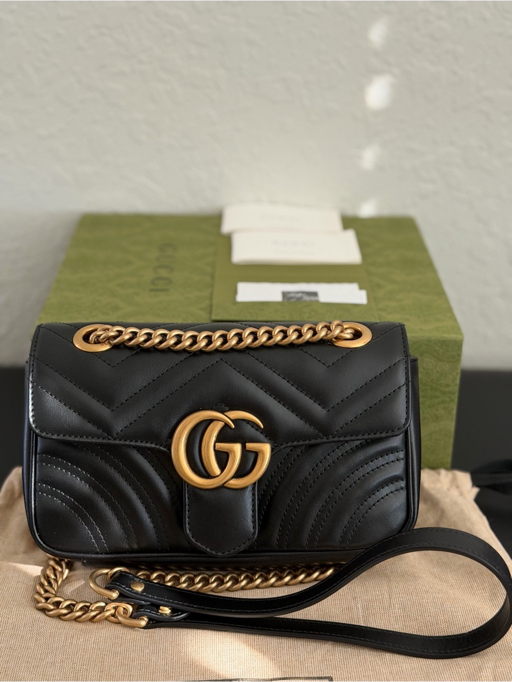 Authentic Gucci GG Marmont Small Shoulder Bag Black Matelassé Leather